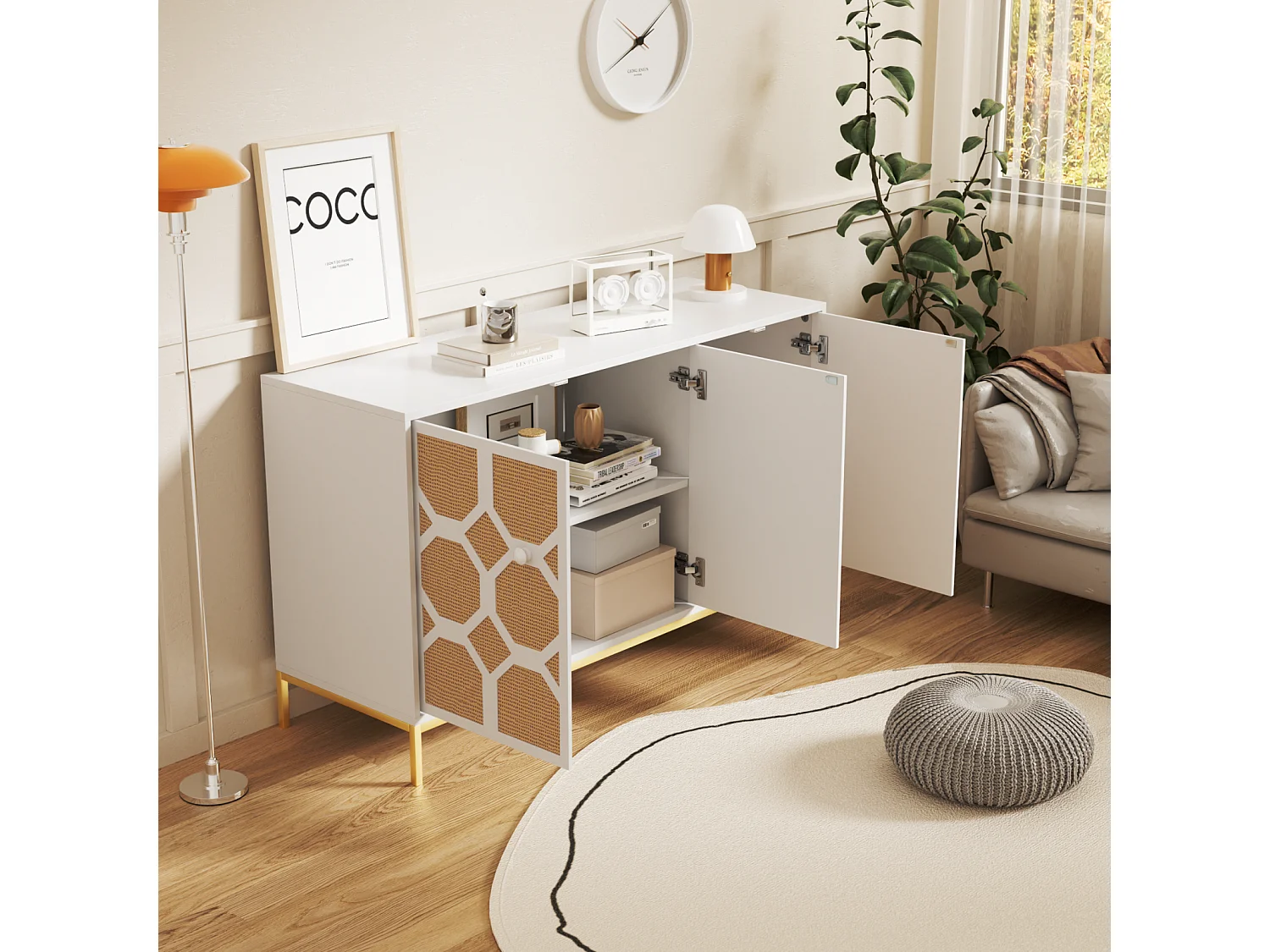 Dressoir 120x40x71,5cm, met 3 deuren, getextureerde rotan deur, inclusief verstelbare planken, gouden poten, wit