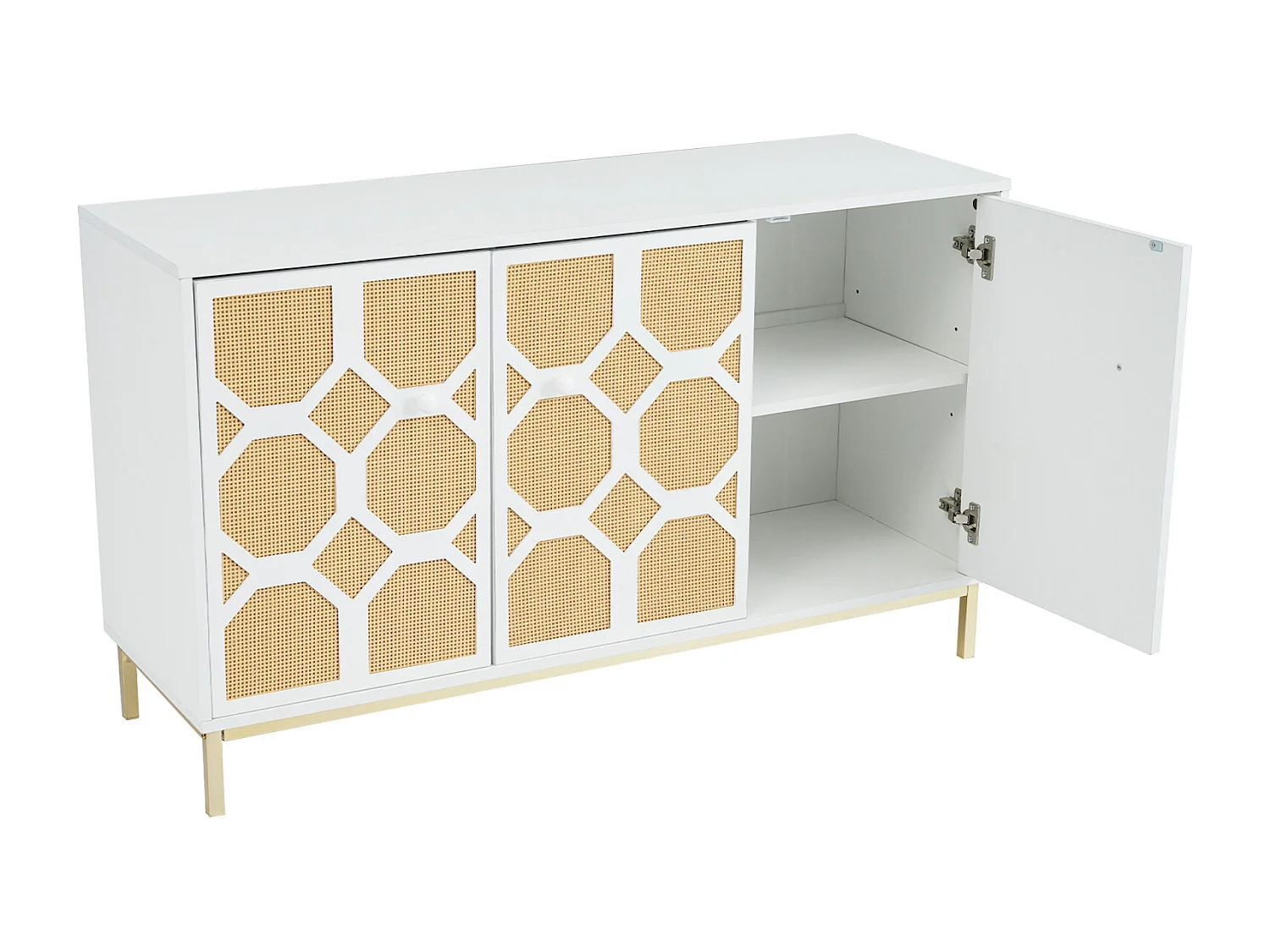 Dressoir 120x40x71,5cm, met 3 deuren, getextureerde rotan deur, inclusief verstelbare planken, gouden poten, wit