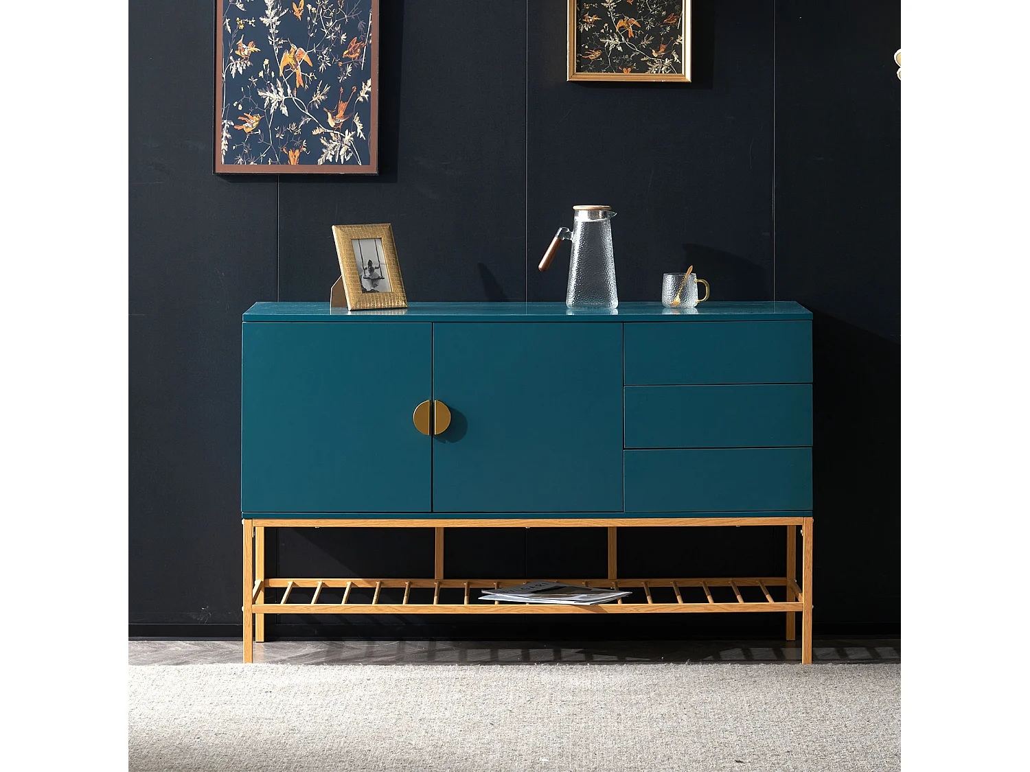 Buffet bleu 130x39.9x82.4cm, Buffet Armoire en MDF, écorations dorées style classique