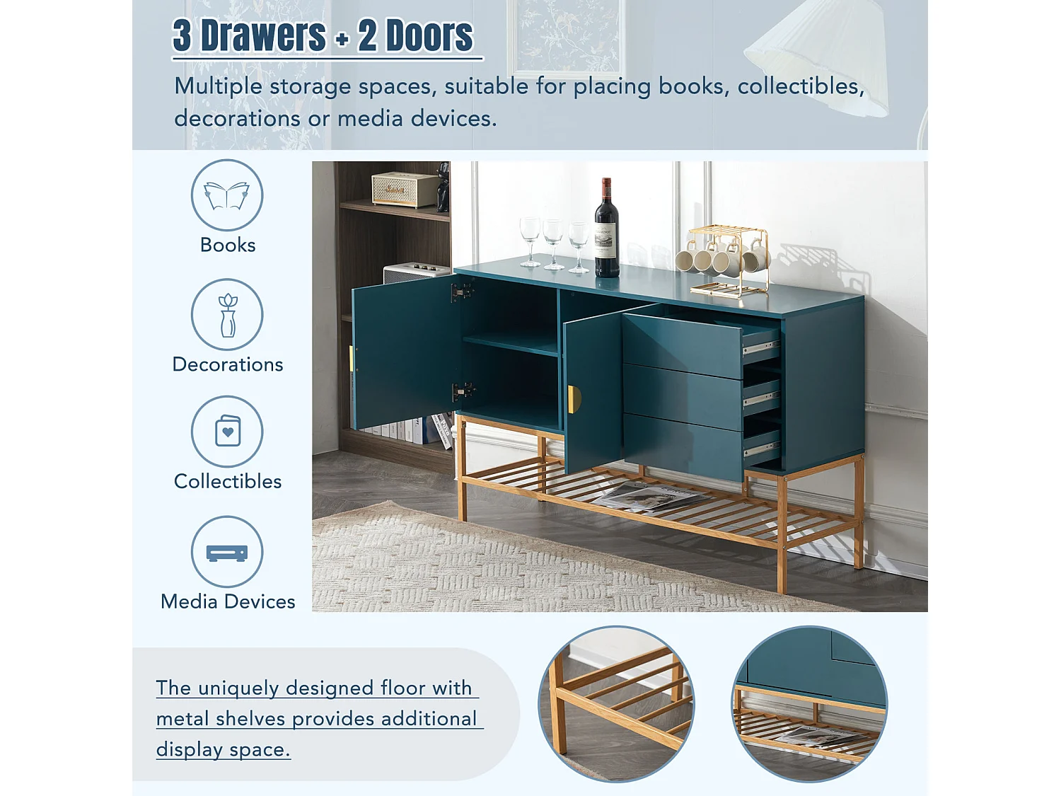 Buffet bleu 130x39.9x82.4cm, Buffet Armoire en MDF, écorations dorées style classique