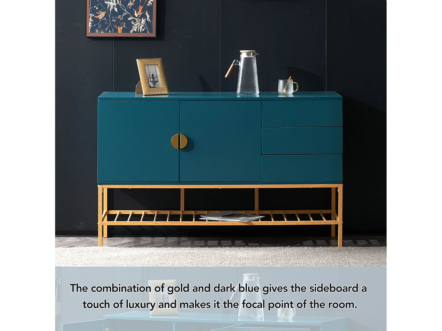 Buffet bleu 130x39.9x82.4cm, Buffet Armoire en MDF, écorations dorées style classique