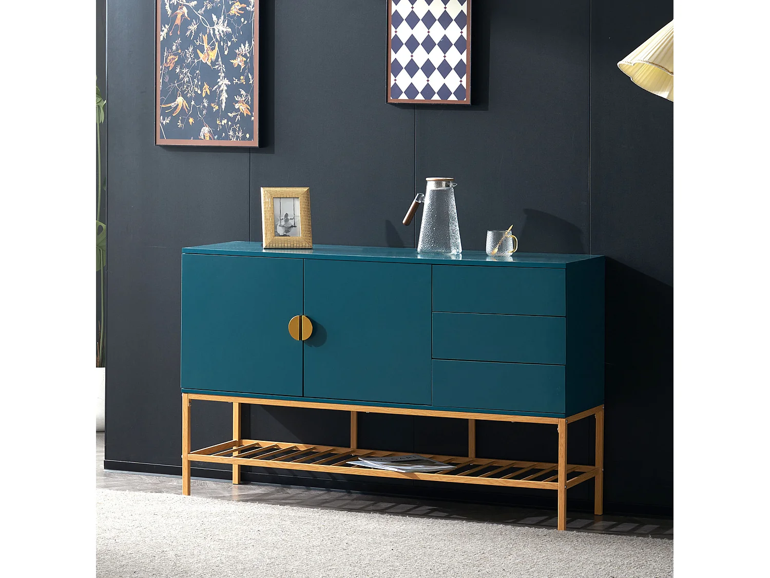 Aparador azul 130x39,9x82,4cm, mueble aparador de MDF, estilo clásico decoraciones doradas