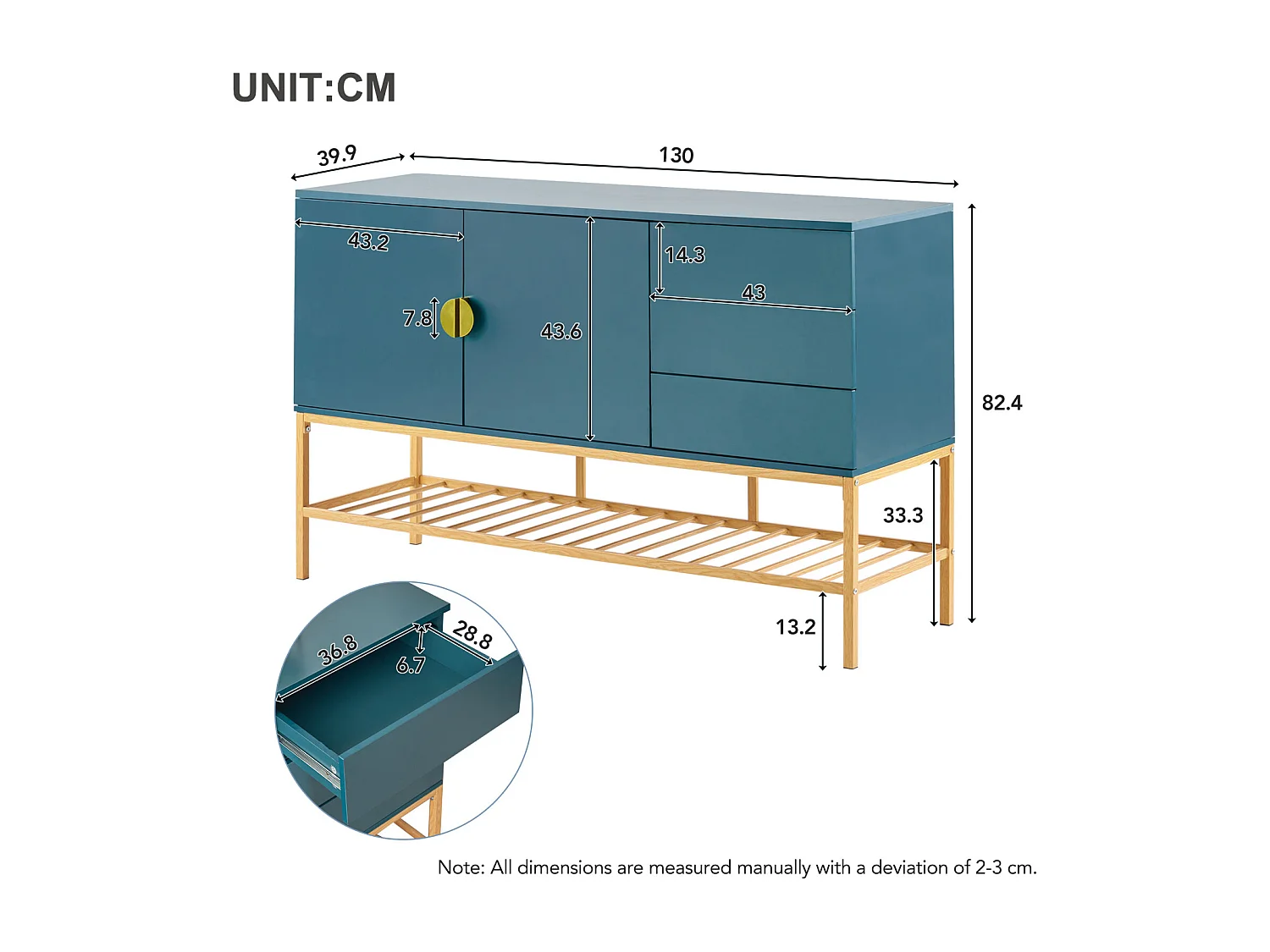 Aparador azul 130x39,9x82,4cm, mueble aparador de MDF, estilo clásico decoraciones doradas