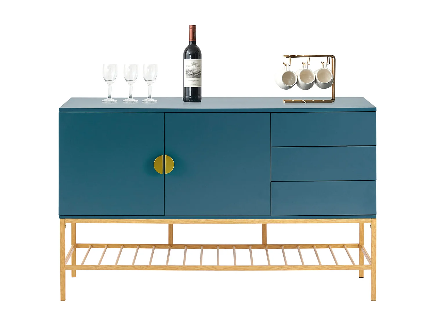 Aparador azul 130x39,9x82,4cm, mueble aparador de MDF, estilo clásico decoraciones doradas