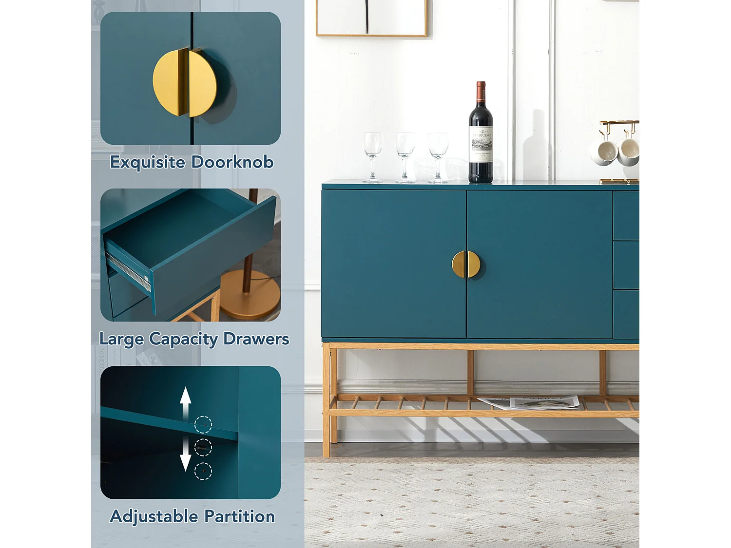 Aparador azul 130x39,9x82,4cm, mueble aparador de MDF, estilo clásico decoraciones doradas