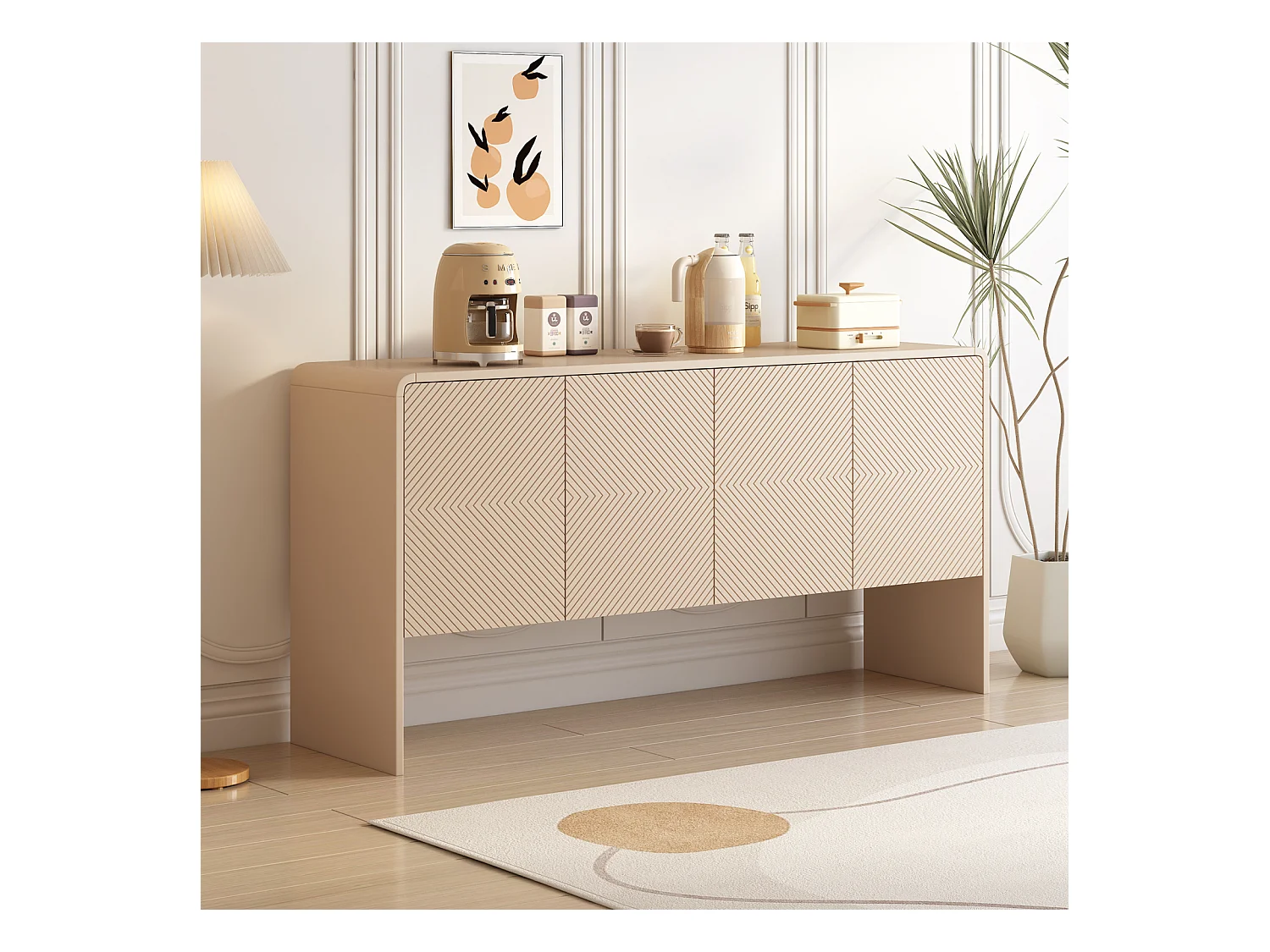 4-deurs dressoir, met antiklopmiddelen, voor woonkamer en entree, 152,5x40x76,5cm, abrikoos crème