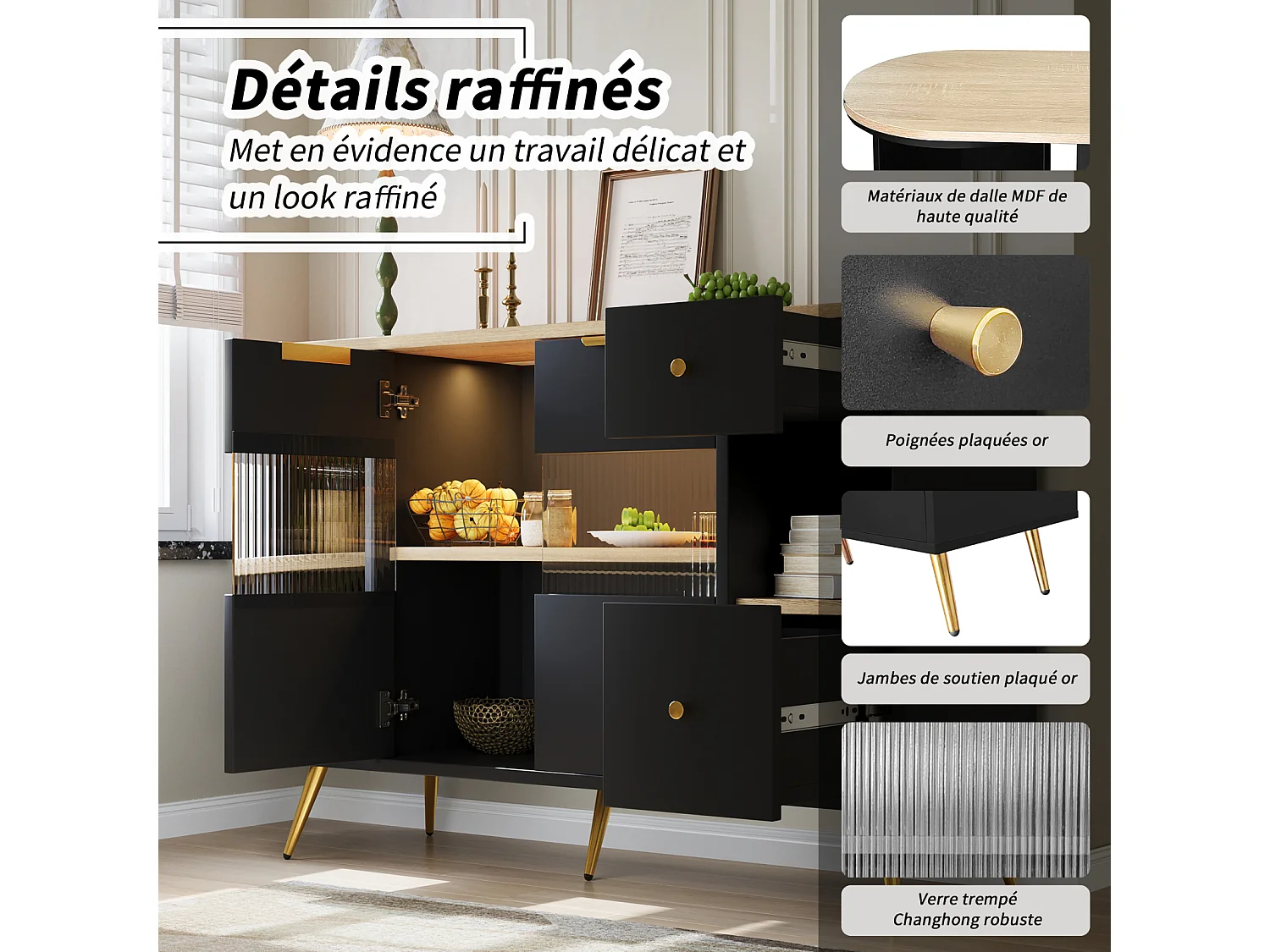 Buffet de cuisine 130x40x80cm, armoires de rangement de salon avec portes coulissantes en verre et lumières LED, MDF, noir