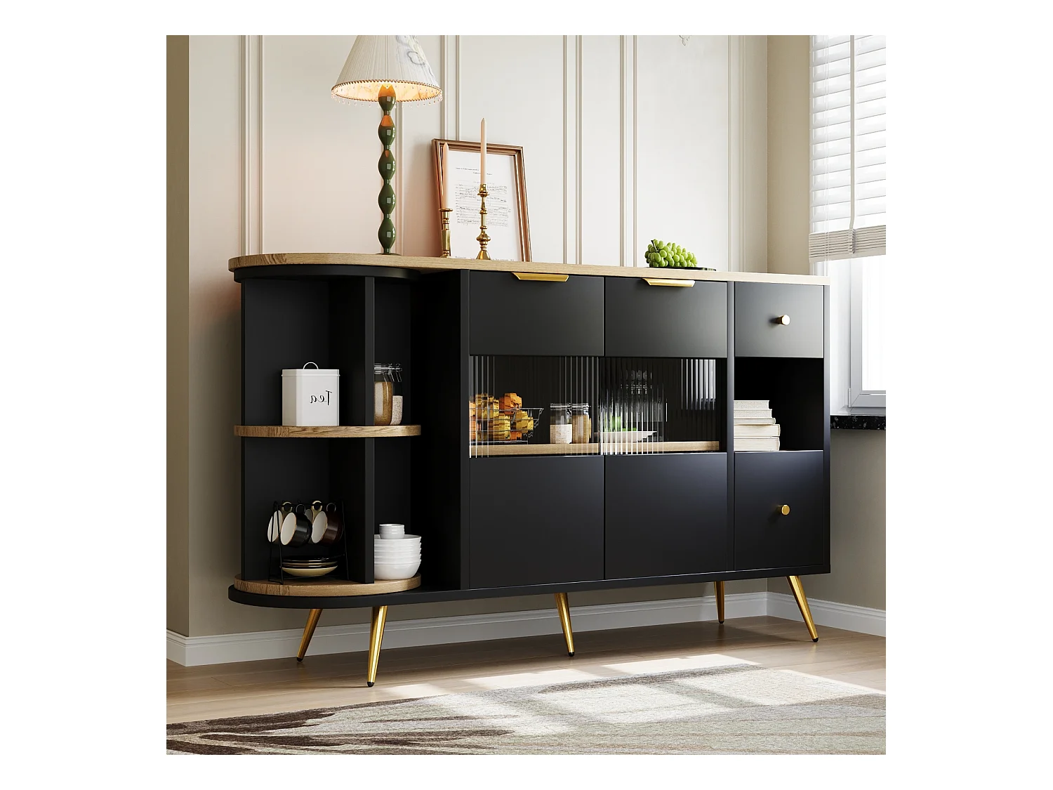 Buffet de cuisine 130x40x80cm, armoires de rangement de salon avec portes coulissantes en verre et lumières LED, MDF, noir