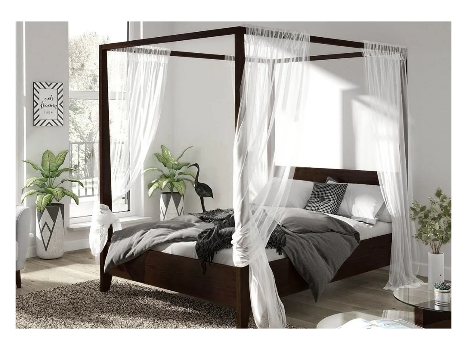 Lit en bois de hêtre avec baldaquin CANOPY / 160 x 200 cm, couleur palissandre