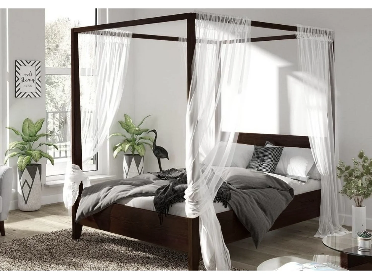 Lit en bois de hêtre avec baldaquin CANOPY / 160 x 200 cm, couleur palissandre