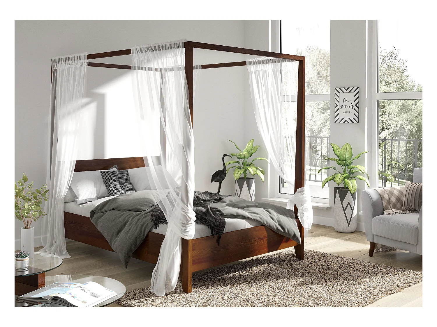 Lit en bois de hêtre avec baldaquin CANOPY / 160 x 200 cm, couleur noyer