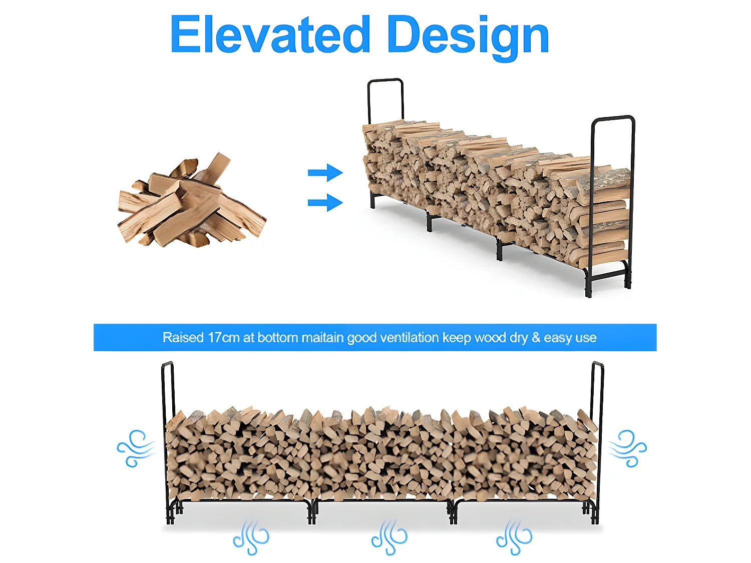 Porte bûches en métal - Noir - Abri de jardin - Range bûche Charge 408kg XXL - Range bois cheminée