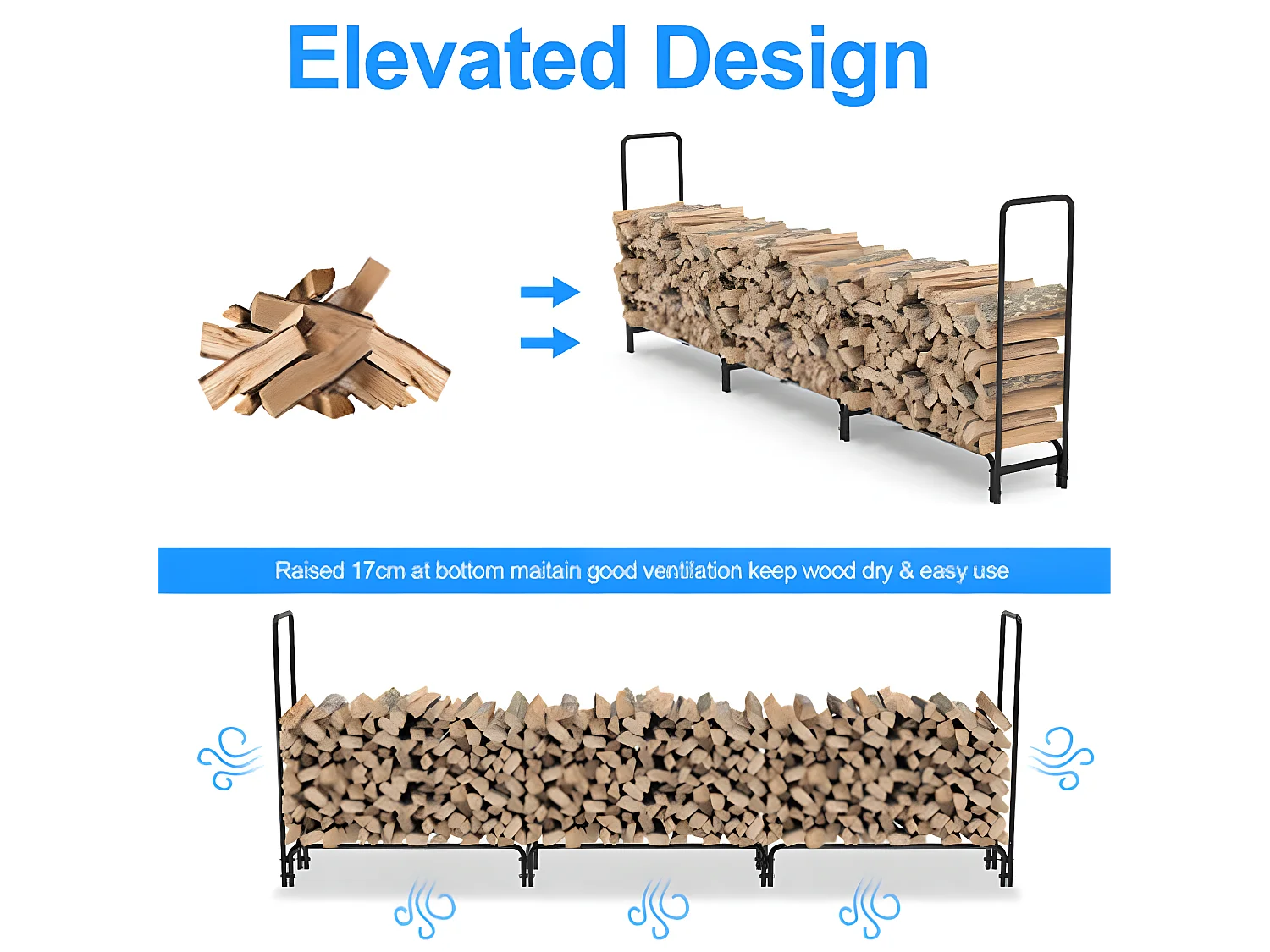 Porte bûches en métal - Noir - Abri de jardin - Range bûche Charge 408kg XXL - Range bois cheminée