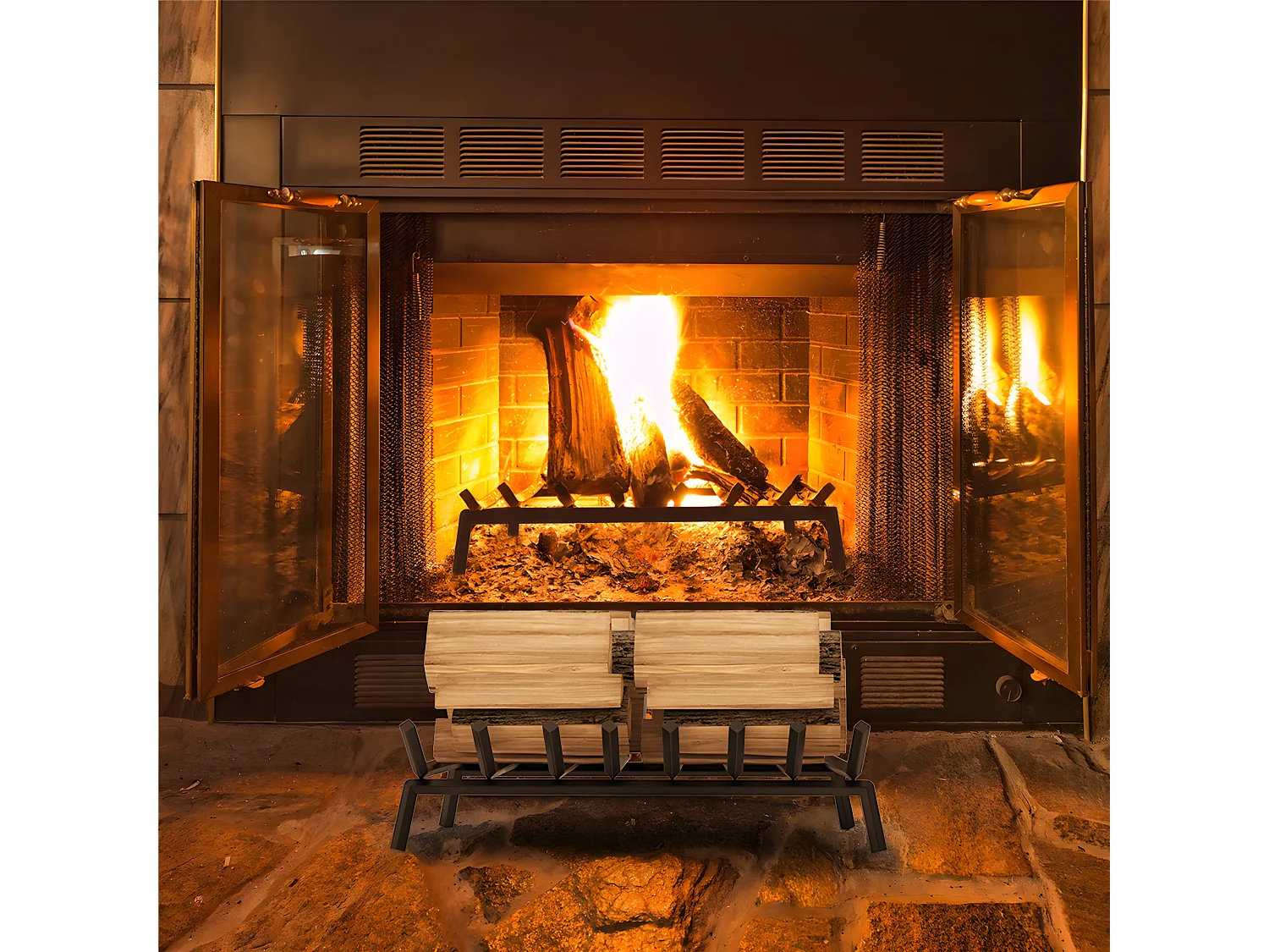 Porte bûches en métal - Noir - Abri bûches Cheminée panier  - Chenets pour foyer Cheminée - Foyer Ouvert