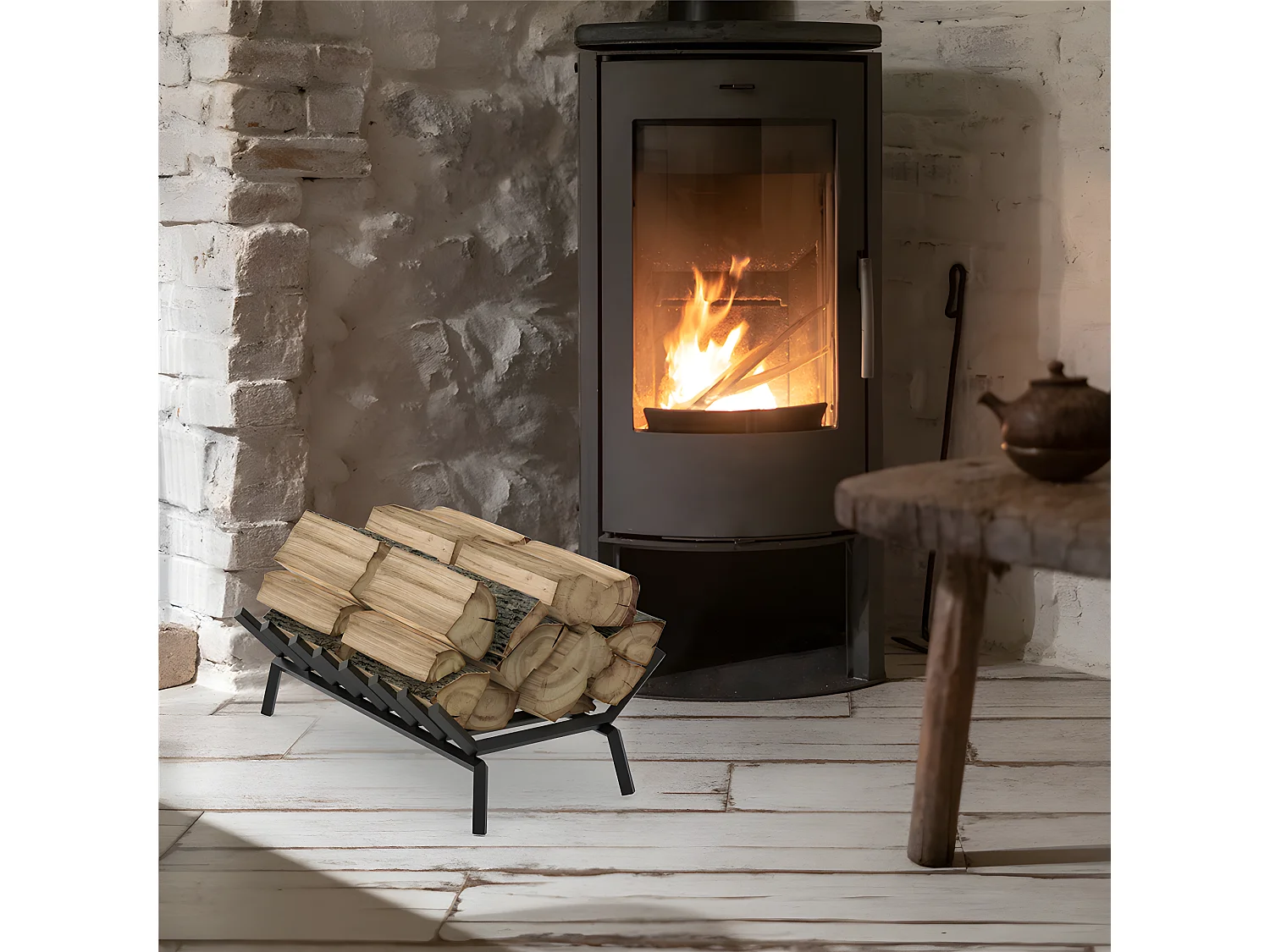 Porte bûches en métal - Noir - Abri bûches Cheminée panier  - Chenets pour foyer Cheminée - Foyer Ouvert