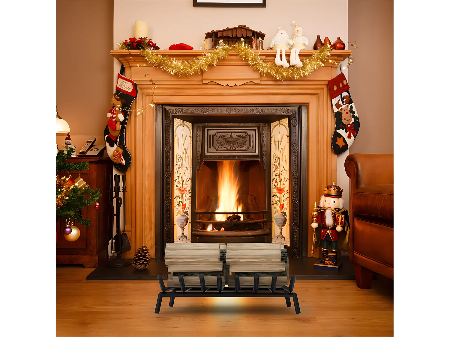 Porte bûches en métal - Noir - Abri bûches Cheminée panier  - Chenets pour foyer Cheminée - Foyer Ouvert