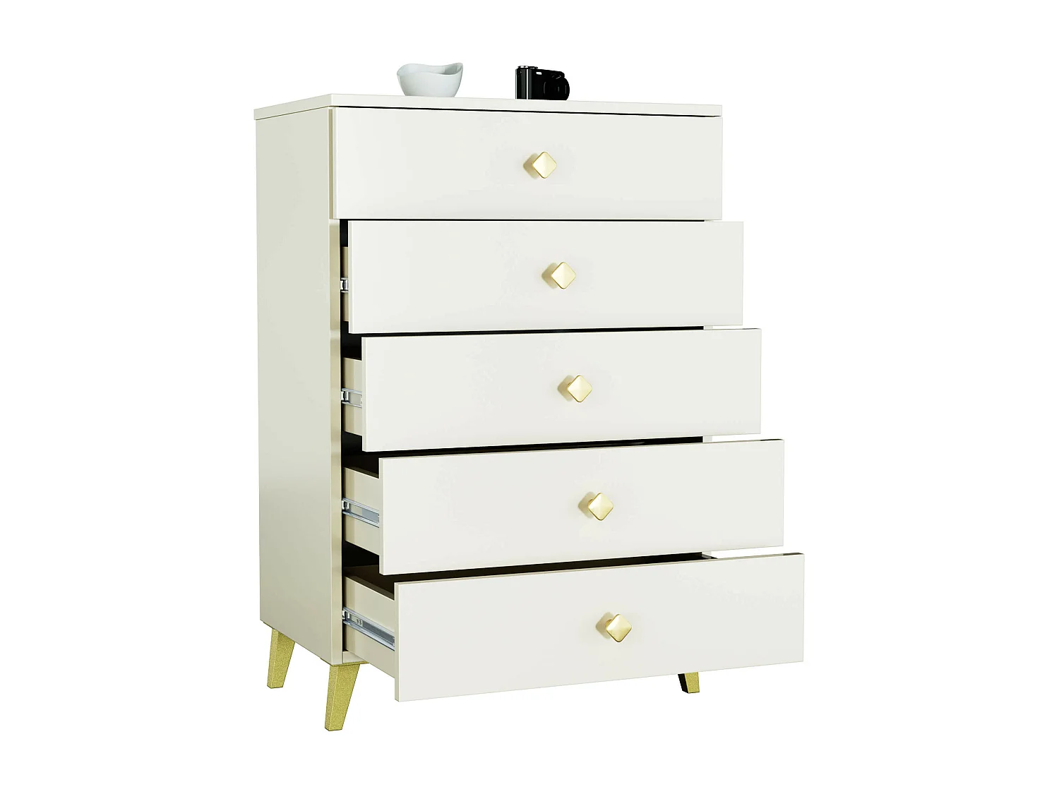 Nachtkastje MOBI Kasjmier met 5 Lades / AKORD Furniture Factory / Kasjmierkleur met Gouden Handvatten / 60 x 89 x 37 cm