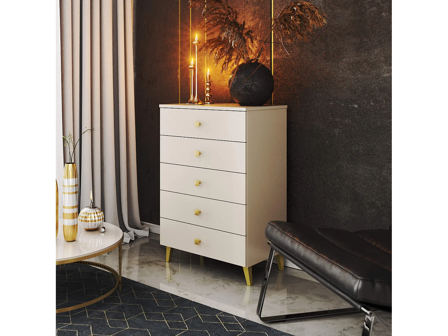 Nachtkastje MOBI Kasjmier met 5 Lades / AKORD Furniture Factory / Kasjmierkleur met Gouden Handvatten / 60 x 89 x 37 cm