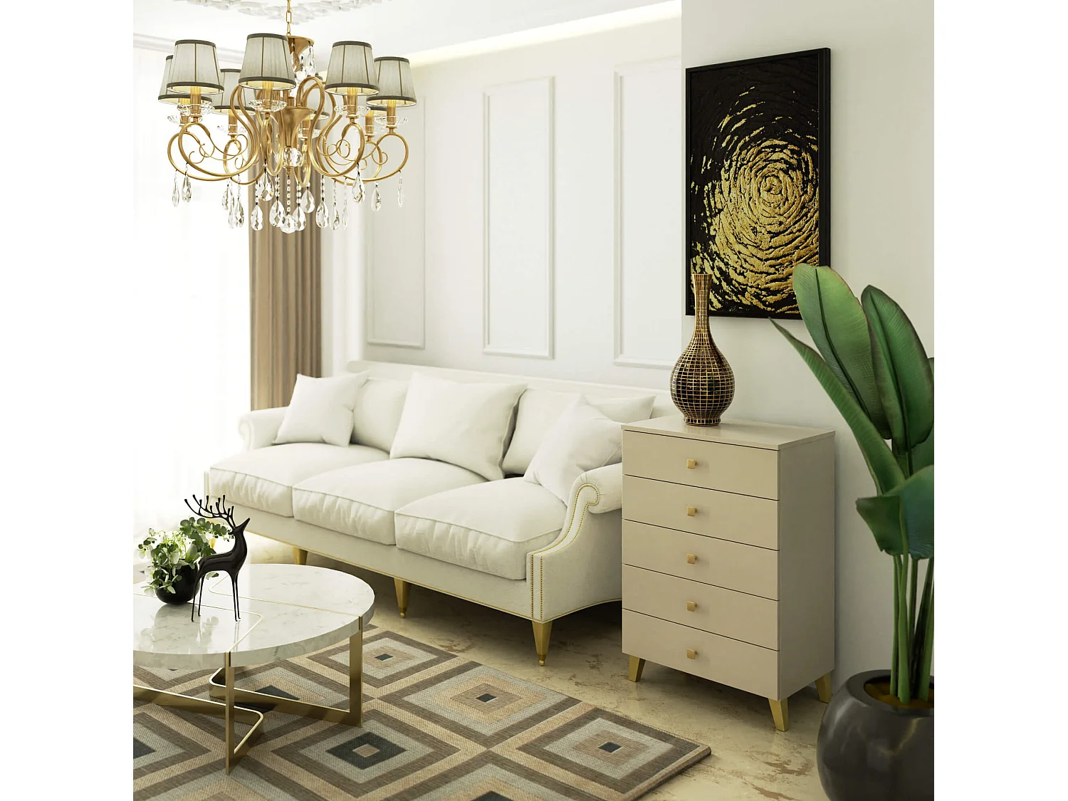 Nachtkastje MOBI Kasjmier met 5 Lades / AKORD Furniture Factory / Kasjmierkleur met Gouden Handvatten / 60 x 89 x 37 cm