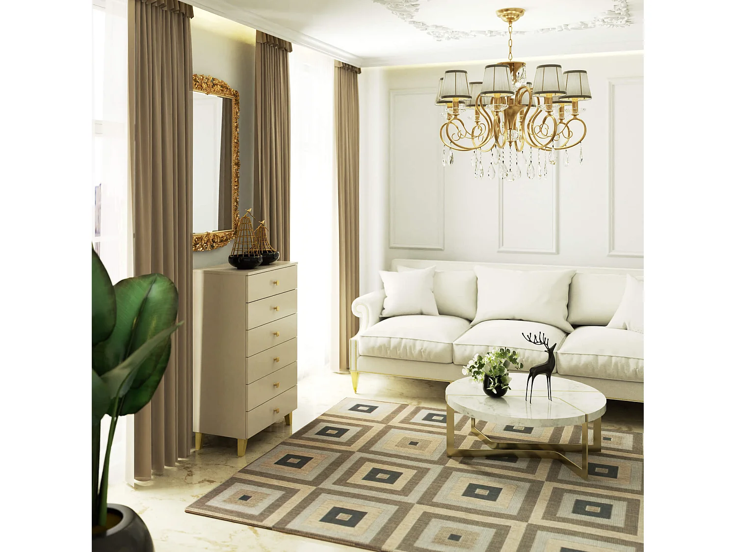 Nachtkastje MOBI Kasjmier met 6 Lades / AKORD Furniture Factory / Kasjmierkleur met Gouden Handvatten / 60 x 104 x 37 cm