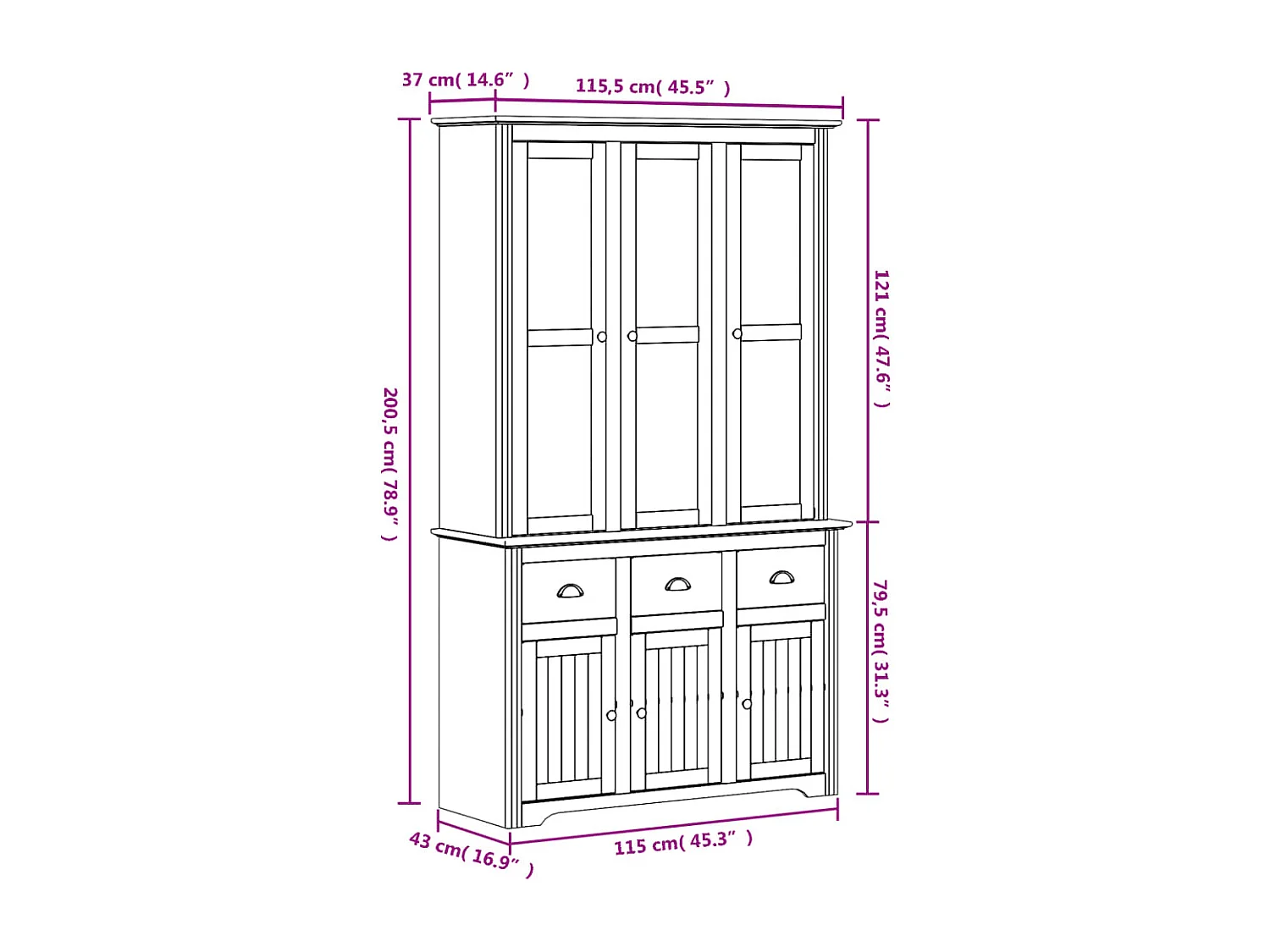 Credenza BODO 115,5x43x200,5 cm Legno Massello di Pino Grigio