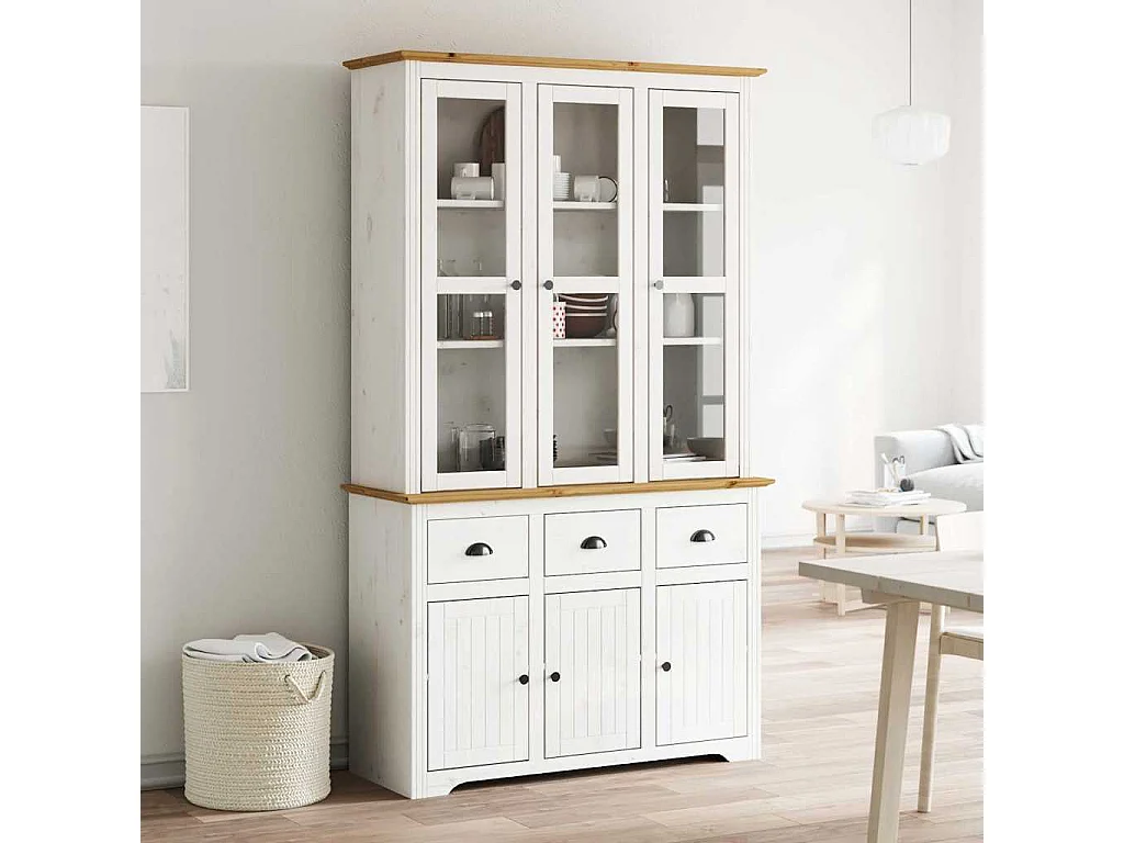Buffet BODO blanc et marron 115,5x43x200,5cm bois massif de pin