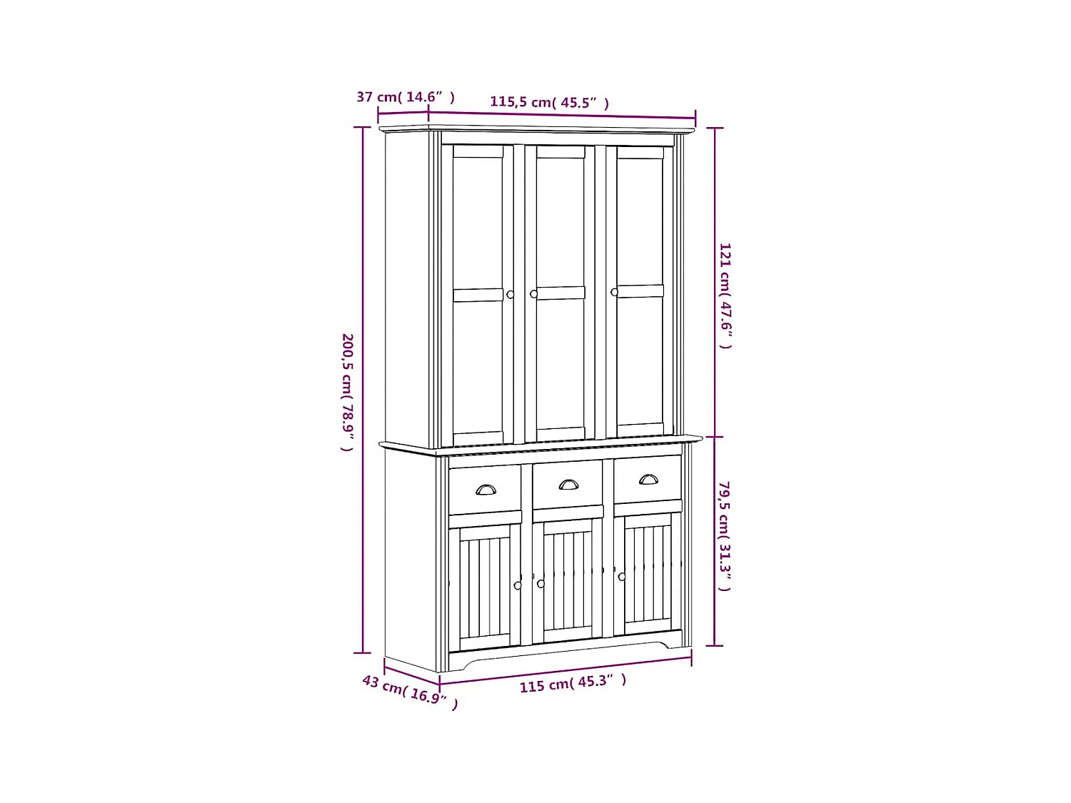 Buffet BODO blanc et marron 115,5x43x200,5cm bois massif de pin