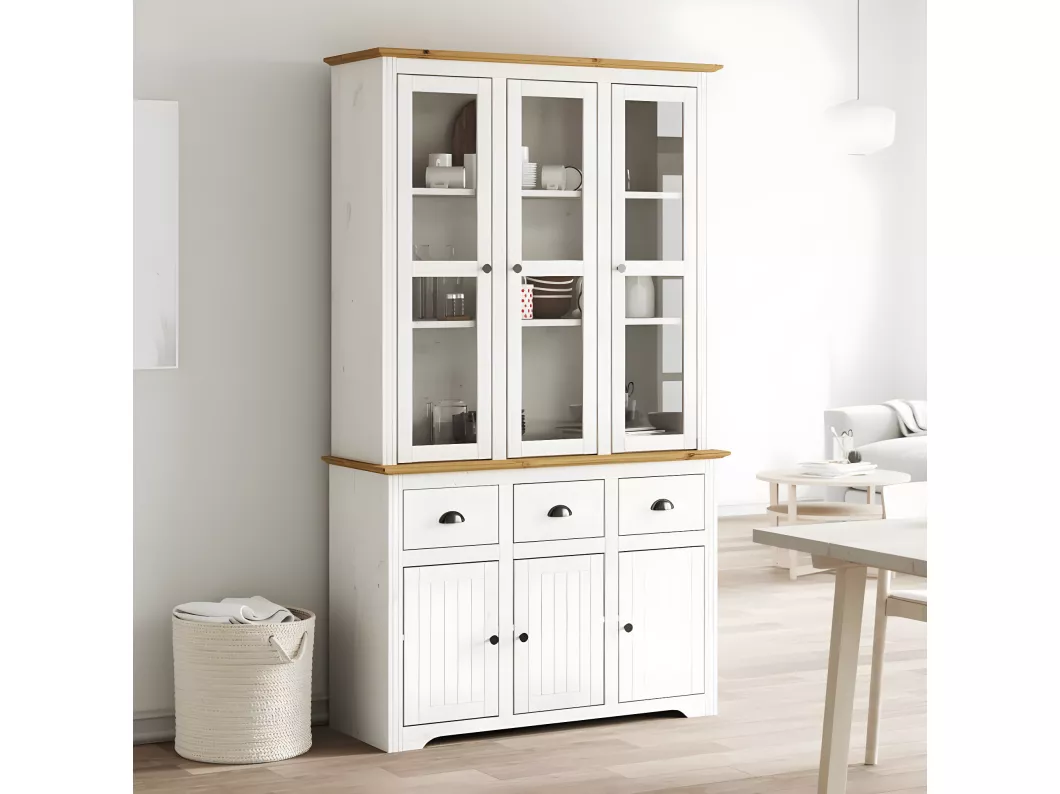 Kauf Unique Highboard BODO Weiß Braun 115,5x43x200,5 cm Massivholz Kiefer