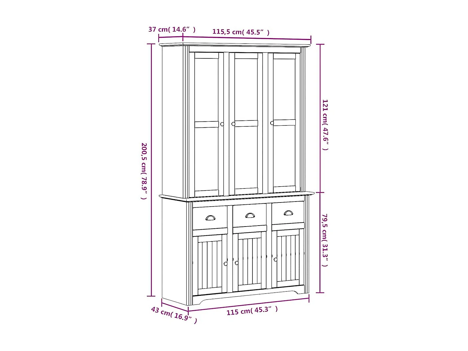 Buffet BODO blanc et marron 115,5x43x200,5cm bois massif de pin