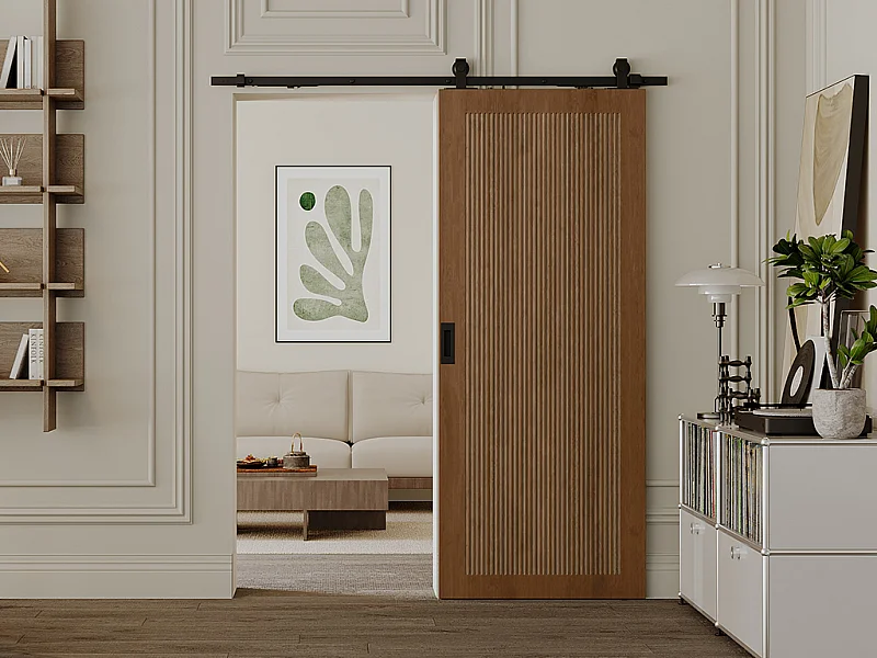 Puerta corredera vista en MDF y madera natural oscura - H205 x L73 cm - SANDORA