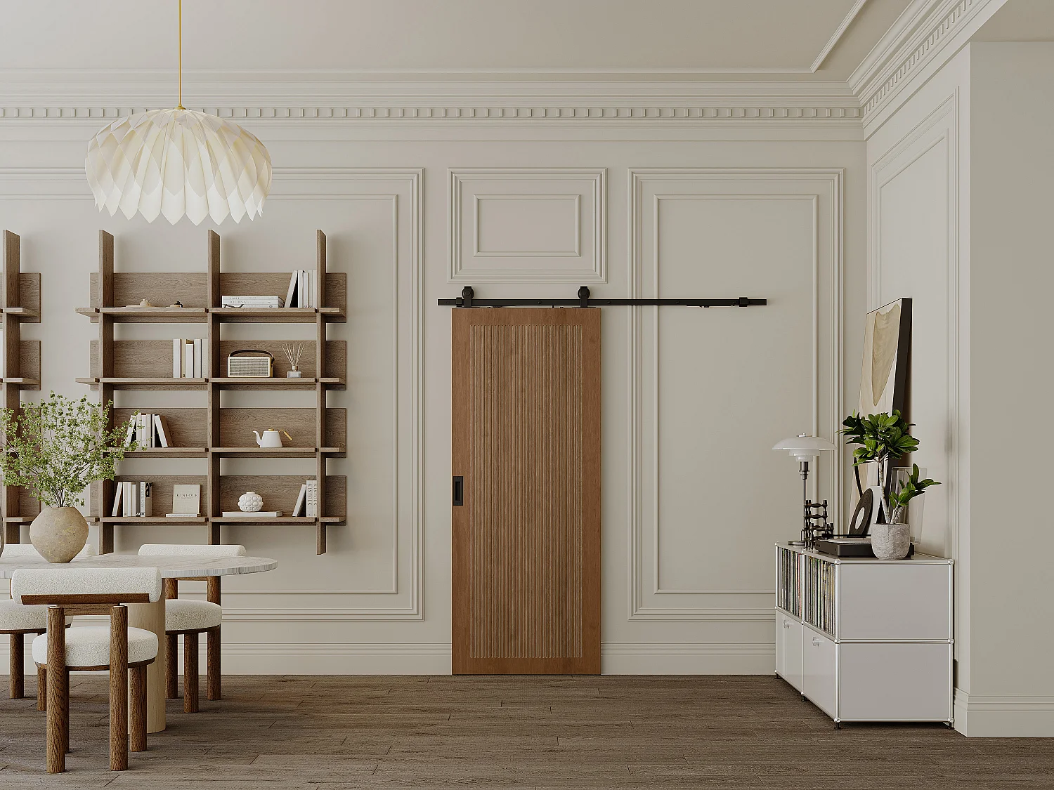 Porte coulissante avec système en applique en MDF et bois - naturel foncé - H205 x L83 cm - SANDORA