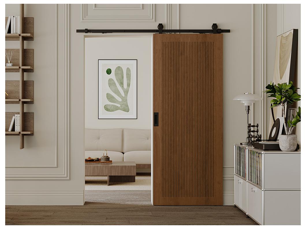 Porte coulissante avec système en applique en MDF et bois - naturel foncé - H205 x L83 cm - SANDORA