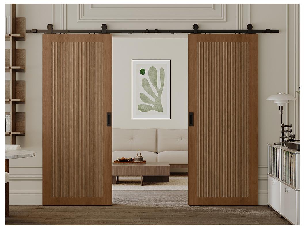 Hangende dubbele schuifdeur van hout en mdf met opbouwsysteem - donker naturel - 2 x H205 x L73 cm - SANDORA