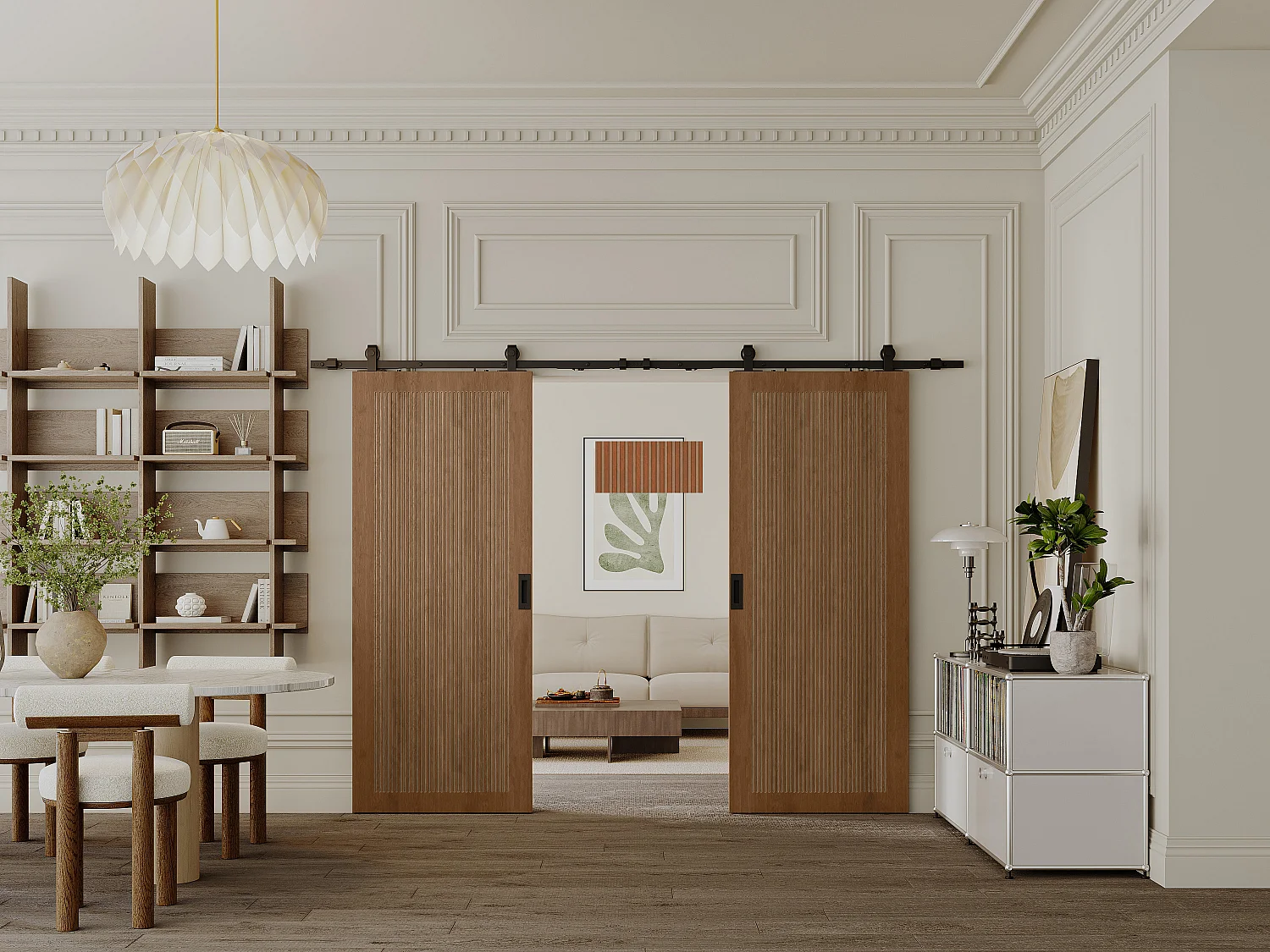 Porte coulissante double avec système en applique en MDF et bois - naturel foncé - 2 x H205 x L83 cm - SANDORA