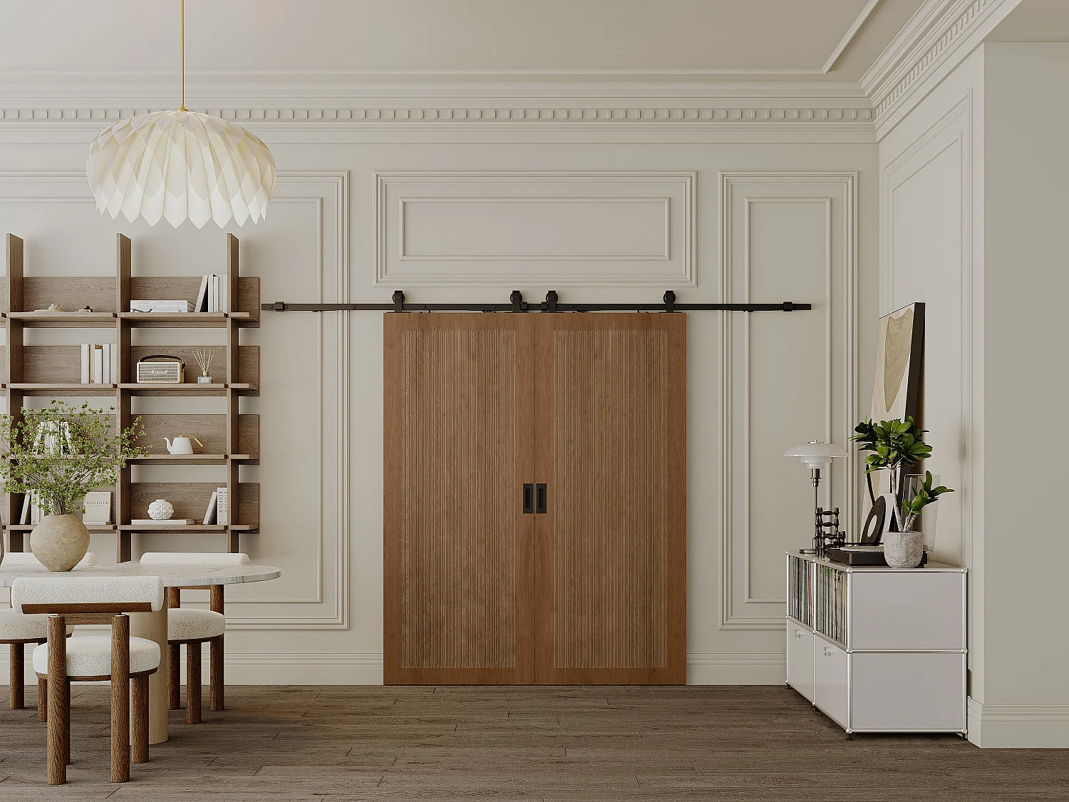 Hangende dubbele schuifdeur van hout en mdf met opbouwsysteem - donker naturel - 2 x H205 x L83 cm - SANDORA