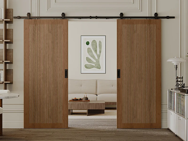 Puerta corredera doble de aplicación en MDF y madera natural oscura - 2 x Alt. 205 x L83 cm - SANDORA