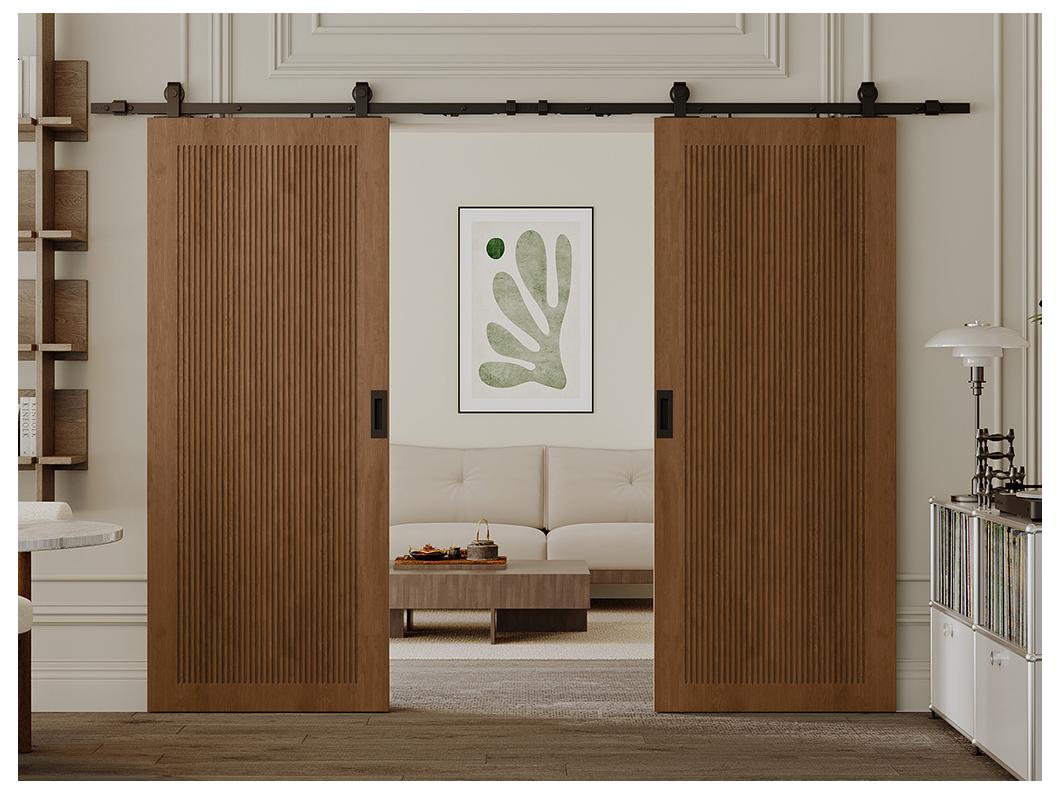 Porte coulissante double avec système en applique en MDF et bois - naturel foncé - 2 x H205 x L93 cm - SANDORA