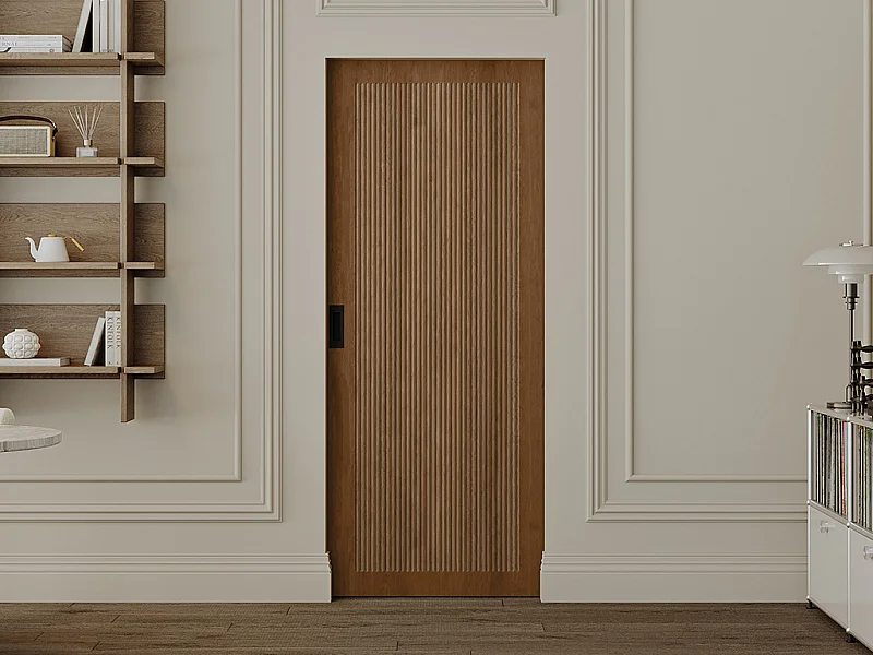 Porta de correr com sistema de tabique, MDF e madeira natural escura A205xC63 cm - SANDORA