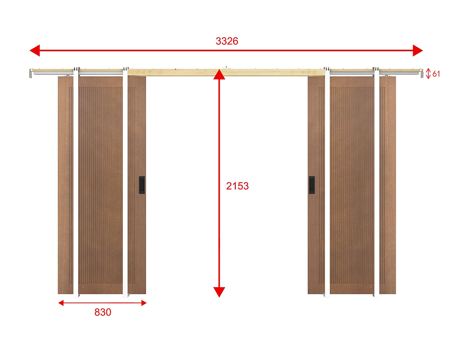 Porte coulissante double avec système à galandage en MDF et bois - naturel foncé - 2 x H205 x L83 cm - SANDORA