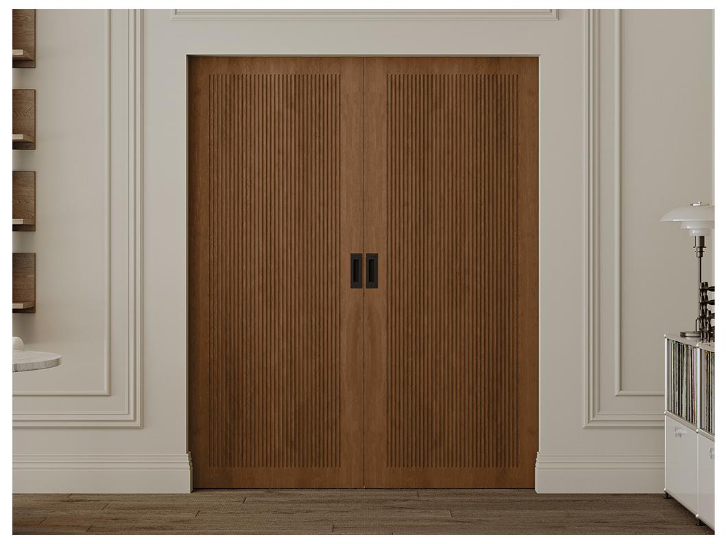 Porte coulissante double avec système à galandage en MDF et bois - naturel foncé - 2 x H205 x L93 cm - SANDORA