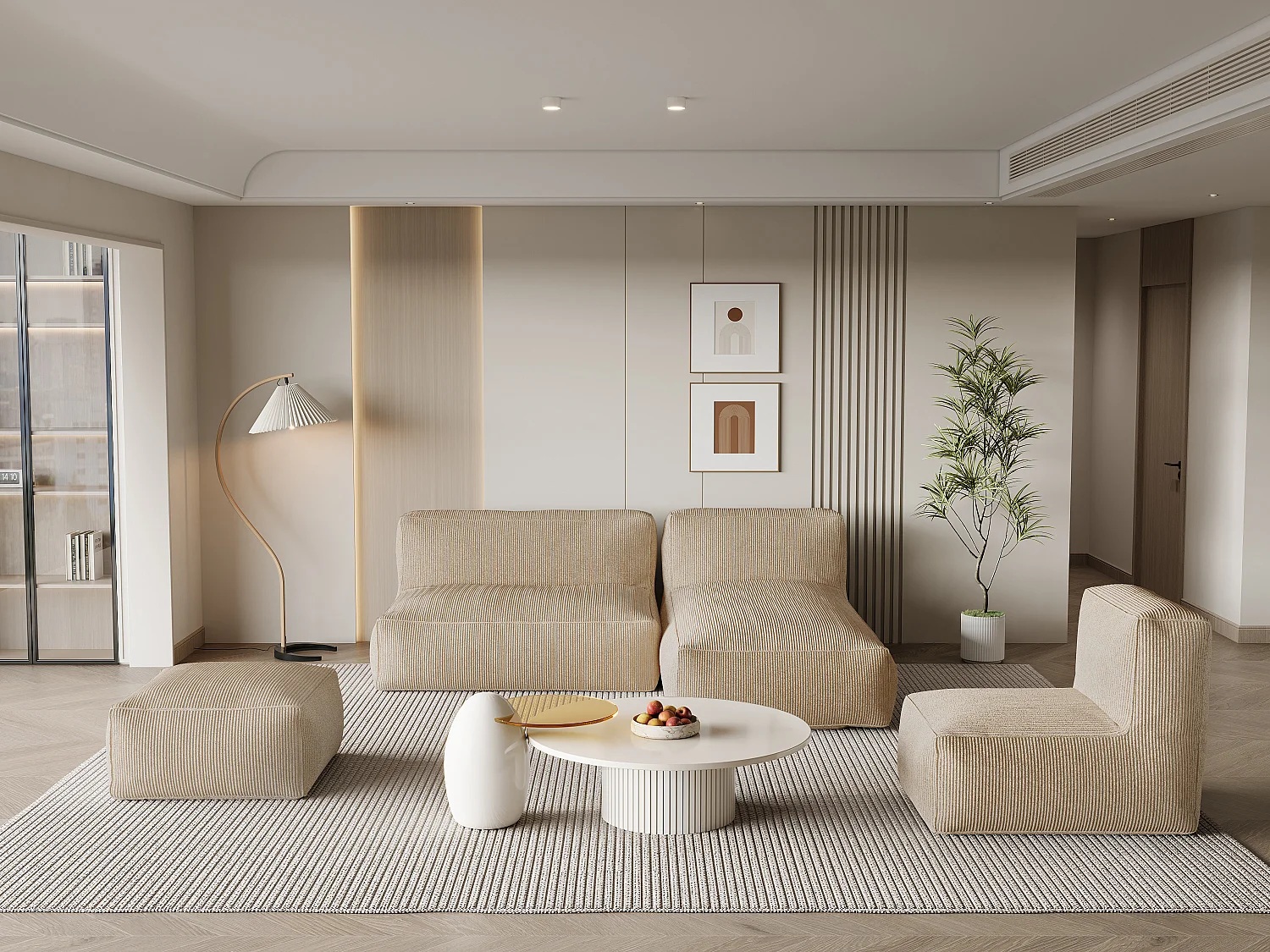 Canapé d'angle modulable avec fauteuil et pouf en velours côtelé beige NOUMARA