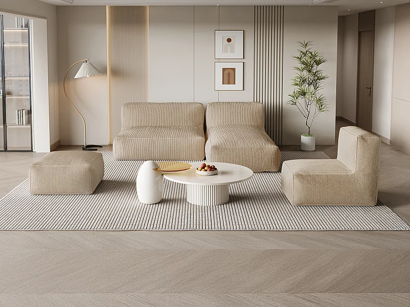 Divano angolare modulare con poltrona e pouf in velluto a coste Beige - NOUMARA