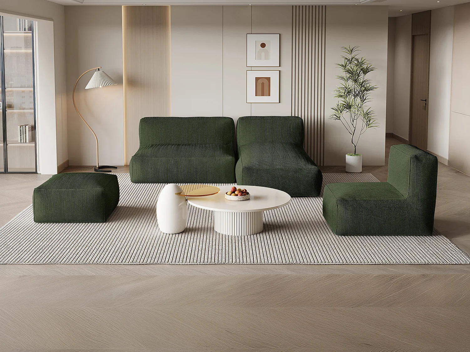 Canapé d'angle modulable avec fauteuil et pouf en velours côtelé vert NOUMARA