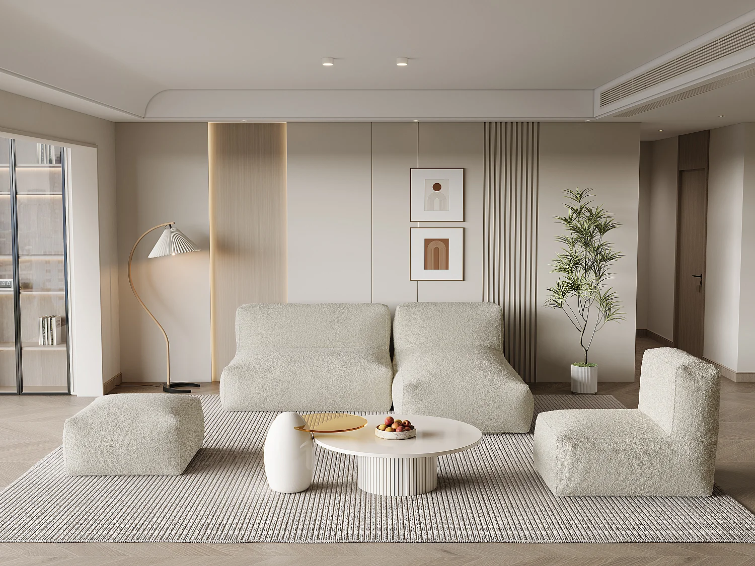 Canapé d'angle modulable avec fauteuil et pouf en tissu bouclette beige NOUMARA