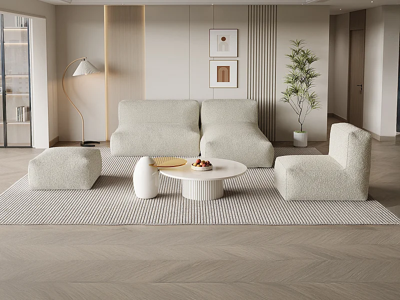 Modulerbar hjørnesofa med lenestol og puff i beige bouclette-stoff NOUMARA