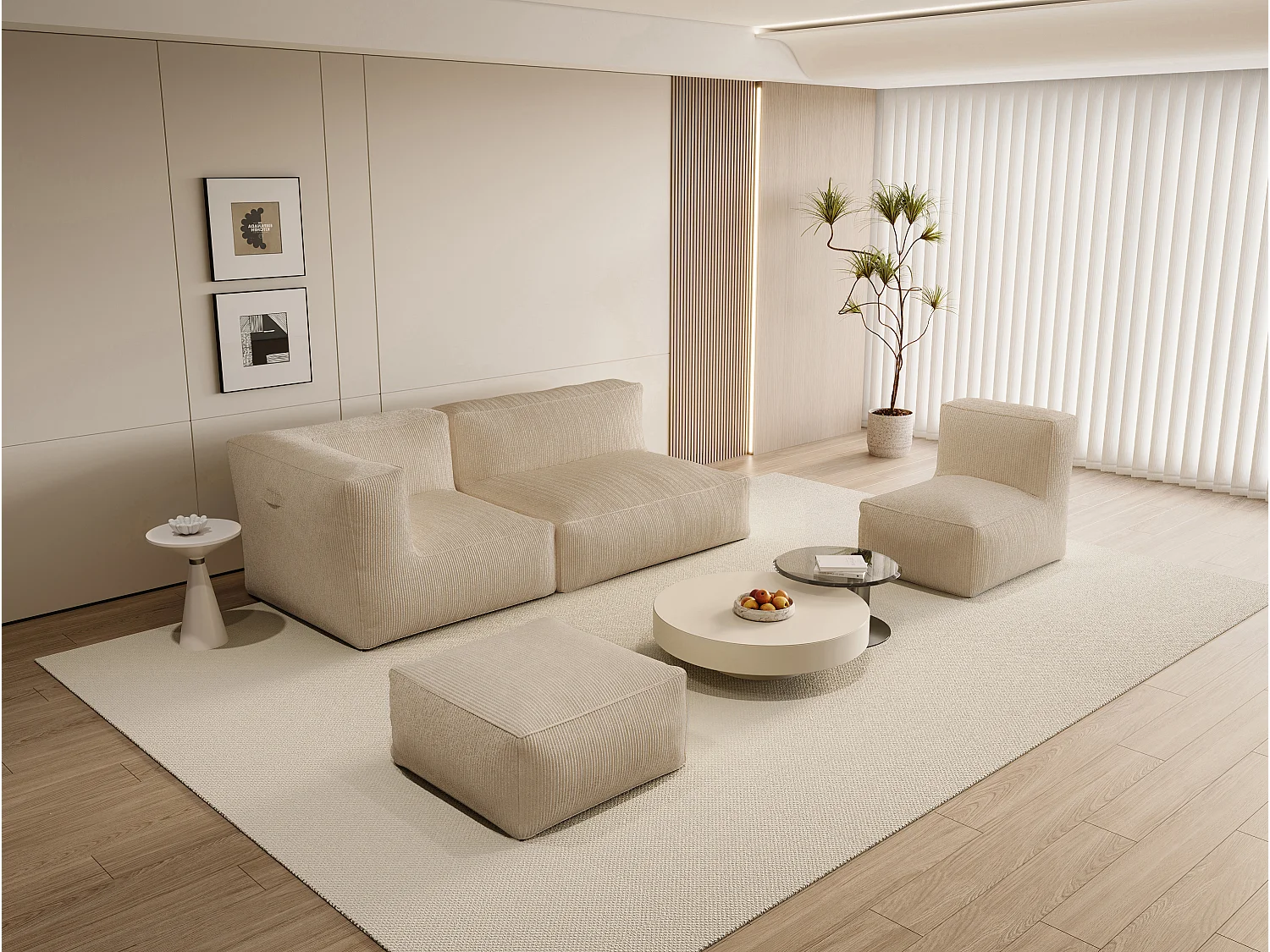 Canapé modulable avec fauteuil et pouf en velours côtelé beige NOUMARA