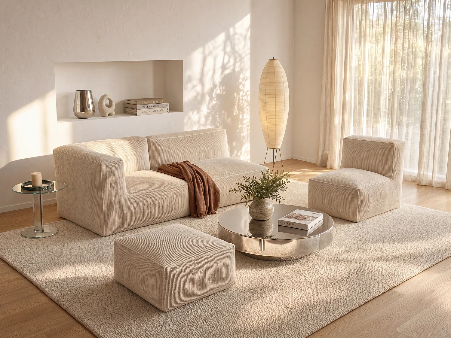 Modular sofa with armchair and pouffe in beige corduroy velvet NOUMARA