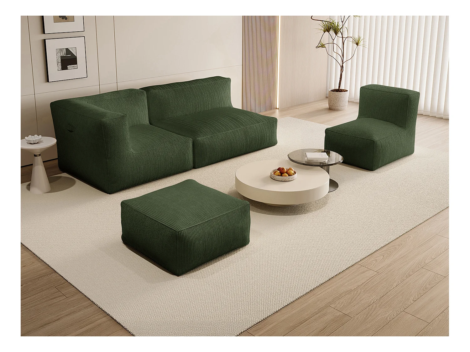 Moduleerbare zitbank met fauteuil en poef van groen ribfluweel NOUMARA