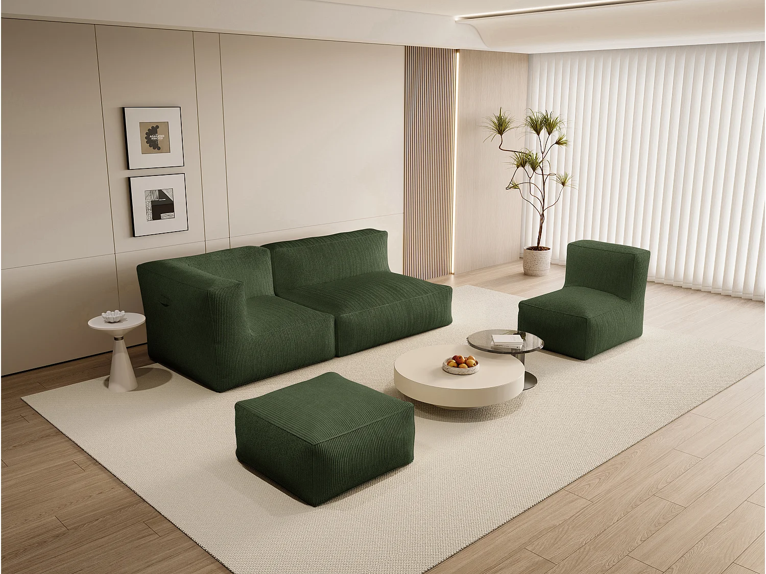 Sofá modular con sillón y puf de pana verde NOUMARA