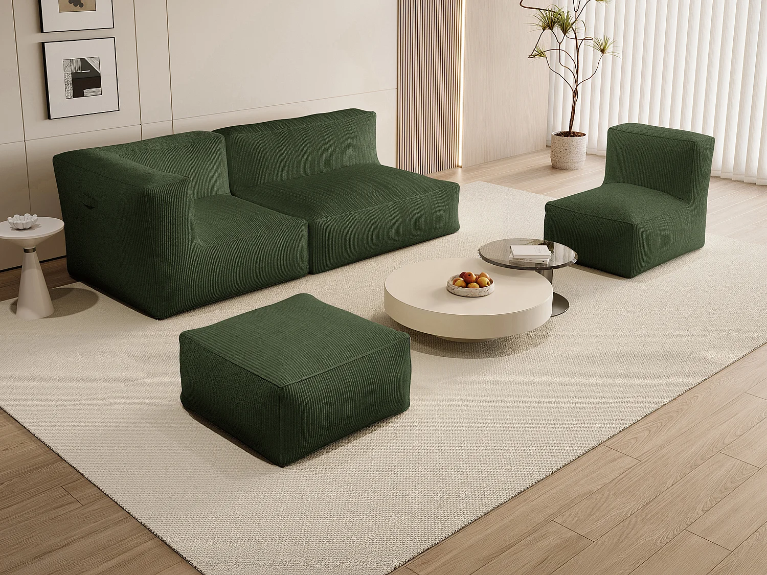 Sofá modular con sillón y puf de pana verde NOUMARA